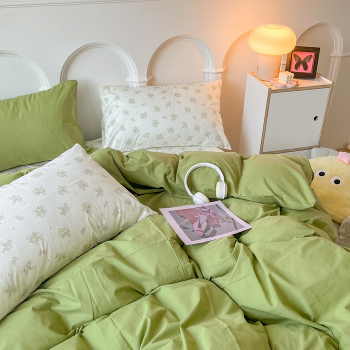 91家纺网 家纺一手货源 找家纺 千朵 2024新款全棉水洗棉混搭双拼四件套 茶艺绿