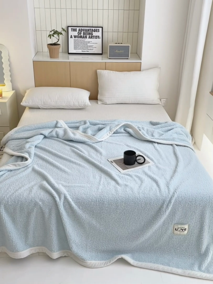 91家纺网 家纺一手货源 找家纺 沐棉 2024新款羊羔绒泰迪绒毛毯 湖蓝色