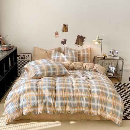 91家纺网 家纺一手货源 找家纺 （总）悦织湾家纺 2025新款日式简约格子水洗棉四件套