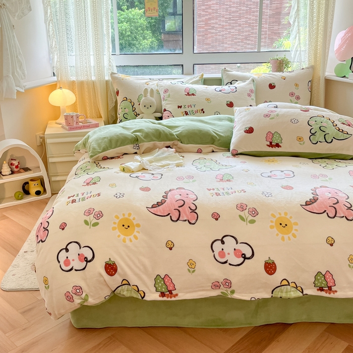 91家纺网 家纺一手货源 找家纺 卡派 2024新款冬季亲肤透气牛奶绒印花四件套 可爱恐龙