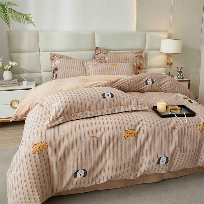 91家纺网 家纺一手货源 找家纺 品乐家纺 2024新款32支全棉超柔生态磨毛四件套 彩虹小狗-黄