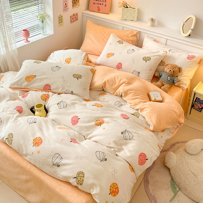 91家纺网 家纺一手货源 找家纺 2024新款200g加厚防静电牛奶绒小清新四件套 绒-炫彩南瓜