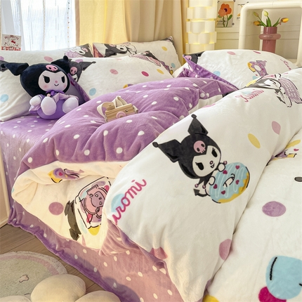 91家纺网 家纺一手货源 找家纺 2024新款三丽鸥牛奶绒小版四件套 甜圈库洛米