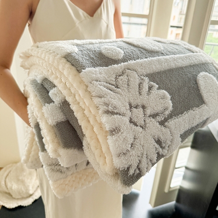 91家纺网 家纺一手货源 找家纺 莱登卡奴 2024新款牛奶绒阳离子提花北极绒包边款多功能被套毯系列 包边款竖条花石英灰