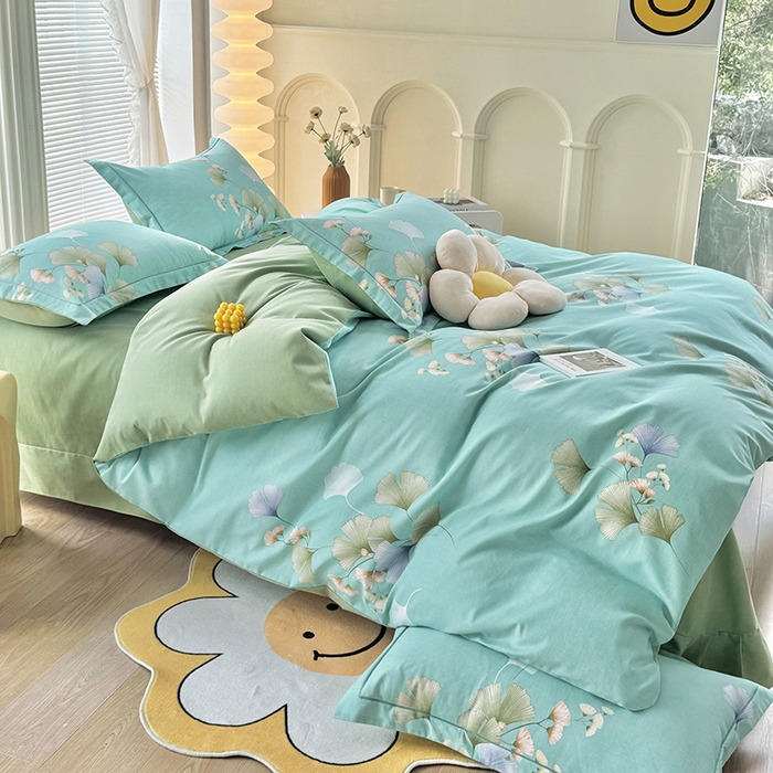 91家纺网 家纺一手货源 找家纺 优尚家纺 2025新款全棉磨毛纯棉喷气印花清新轻奢款四件套 清新款-碧影秋韵