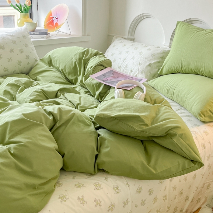 91家纺网 家纺一手货源 找家纺 千朵 2024新款全棉水洗棉混搭双拼四件套 茶艺绿