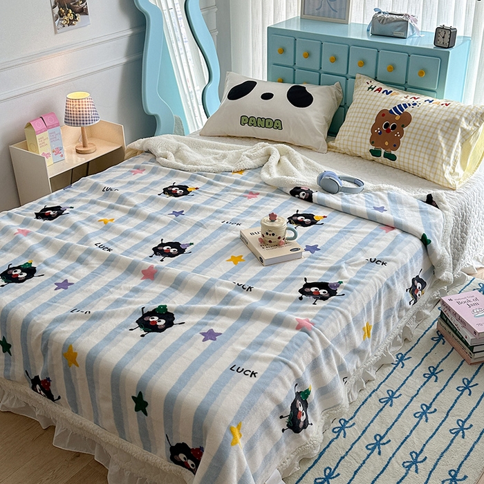 91家纺网 家纺一手货源 找家纺 昔可家纺 2024新款羊羔绒牛奶绒毛毯系列（三）-卡通系列 星星小黑球