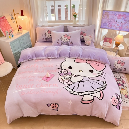 2024新品正版三丽鸥授权大版卡通平网数码印花加厚高克重牛奶绒系列四件套 绒大版-R玫瑰香水kitty