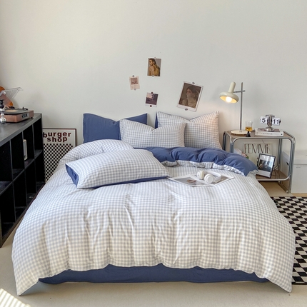 91家纺网 家纺一手货源 找家纺 悦织湾家纺 2025新款日式简约格子水洗棉四件套 布丁灰