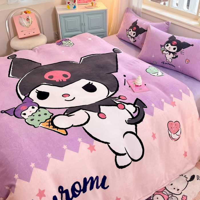 91家纺网 家纺一手货源 找家纺 2024新品正版三丽鸥授权大版卡通平网数码印花加厚高克重牛奶绒系列四件套 绒大版-R冰淇淋甜心库洛米