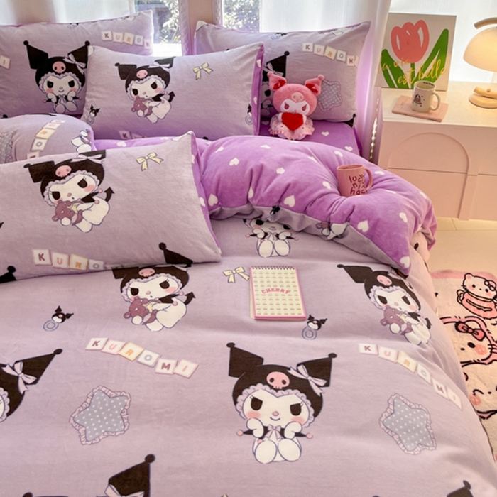 91家纺网 家纺一手货源 找家纺 2024新款三丽鸥牛奶绒小版四件套 牛奶绒小版-星星库洛米