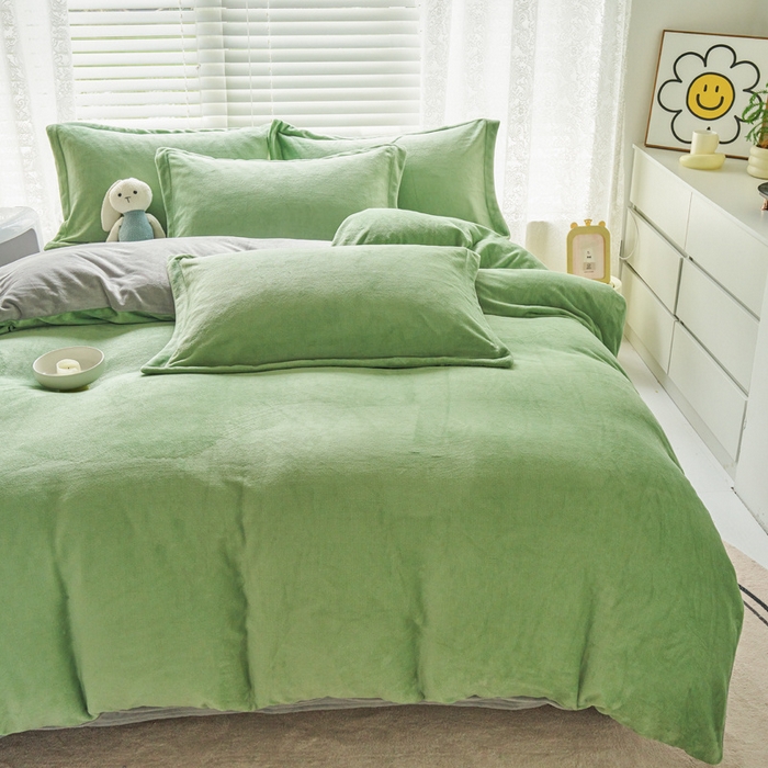 91家纺网 家纺一手货源 找家纺 慕晨 2024新款加厚牛奶绒纯色单被套珊瑚绒被套单件双面绒四件套 豆绿+浅灰