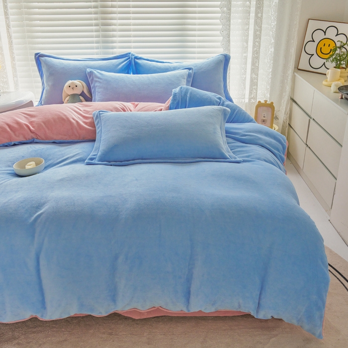 91家纺网 家纺一手货源 找家纺 慕晨 2024新款加厚牛奶绒纯色单被套珊瑚绒被套单件双面绒四件套 奶油蓝+奶油粉