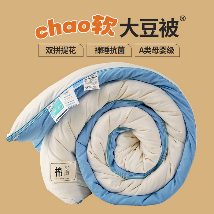 91家纺网 家纺一手货源 找家纺 2025新款原棉双拼提花大豆被二合一拉链款子母被春秋冬被子夏被学生宿舍被褥 子母被本白+天空蓝