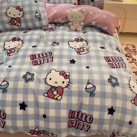 91家纺网 家纺一手货源 找家纺 2024新款三丽鸥牛奶绒小版四件套 牛奶绒小版-幸运星KT猫