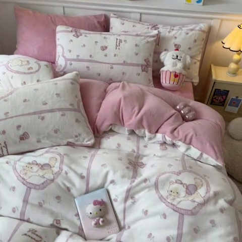 91家纺网 家纺一手货源 找家纺 2024新款200g加厚防静电牛奶绒小清新四件套 绒-乖乖兔