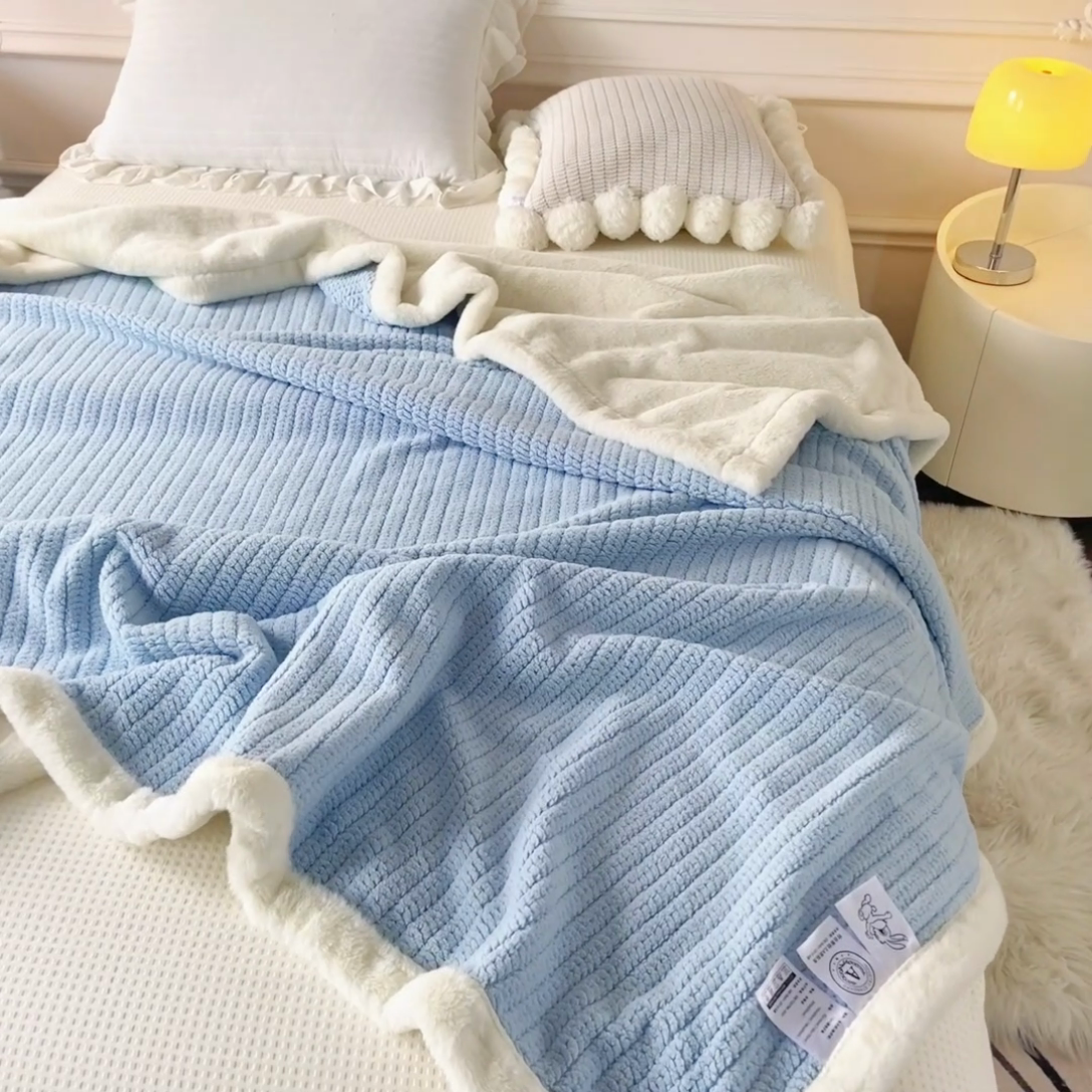 91家纺网 家纺一手货源 找家纺 畅畅家纺 2024新款A面编织绒B面兔毛绒纯色毛毯 天空蓝