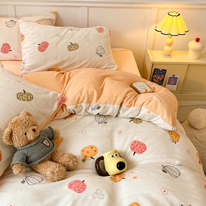 91家纺网 家纺一手货源 找家纺 2024新款200g加厚防静电牛奶绒小清新四件套 绒-炫彩南瓜