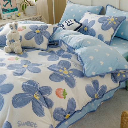 红粉佳人 2025新款棉加绒印花四件套 蓝色甜心