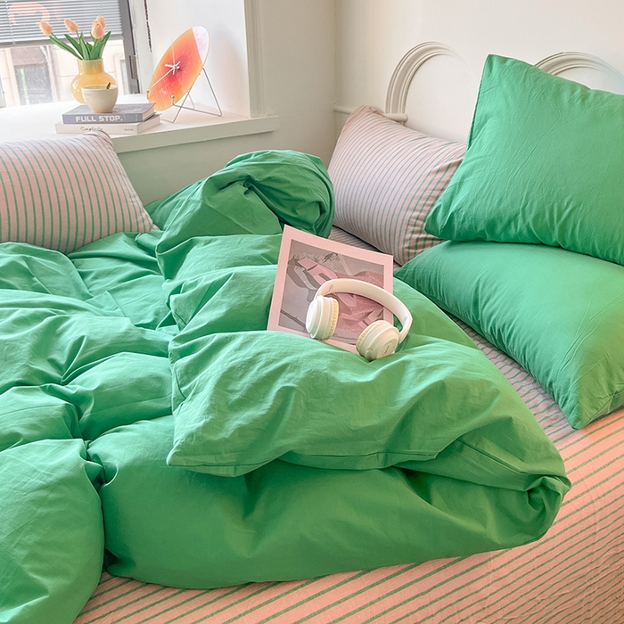 91家纺网 家纺一手货源 找家纺 千朵 2024新款ins风多巴胺撞色条纹全棉水洗棉四件套-可乐系列 可乐粉