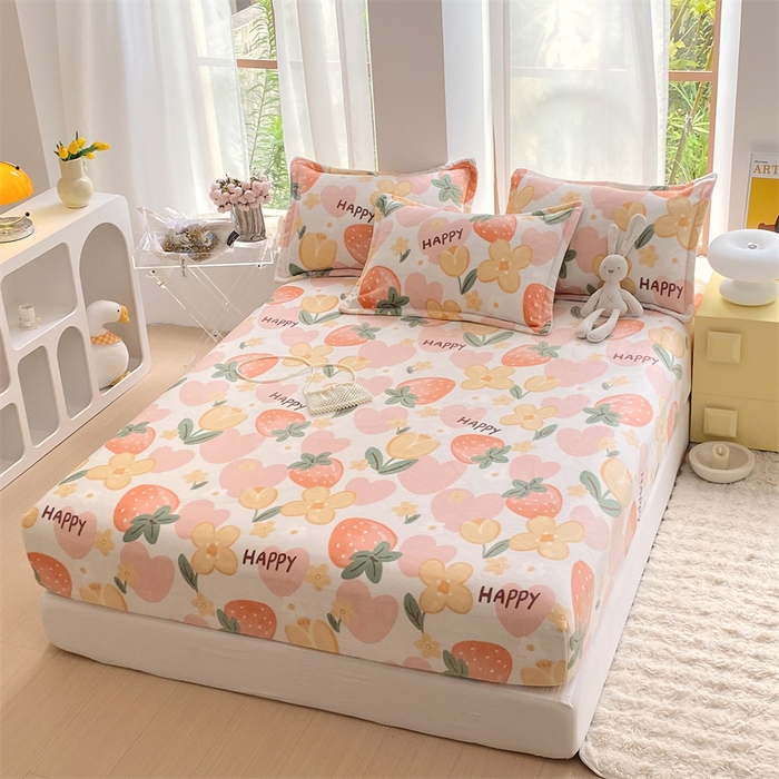 91家纺网 家纺一手货源 找家纺 凯儿家纺  2024新款加厚高克重印花系列单床笠 草莓微笑