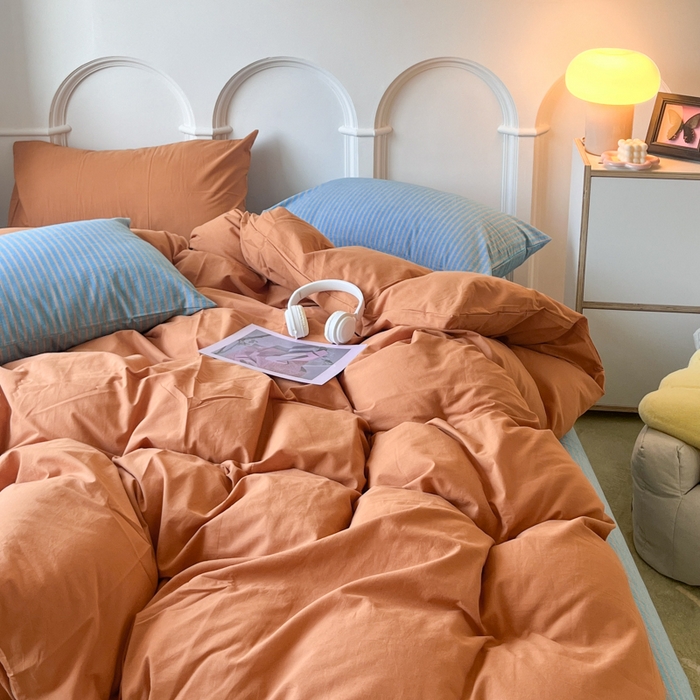 91家纺网 家纺一手货源 找家纺 千朵 2024新款ins风多巴胺撞色条纹全棉水洗棉四件套-可乐系列 可乐蓝