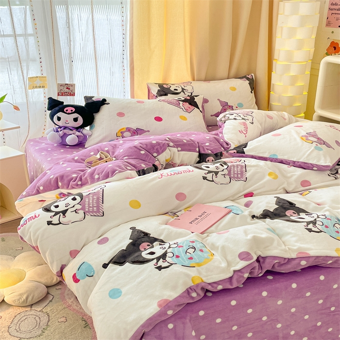 91家纺网 家纺一手货源 找家纺 2024新款三丽鸥牛奶绒小版四件套 甜圈库洛米