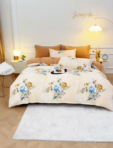 91家纺网 家纺一手货源 找家纺 优尚家纺 2025新款全棉磨毛纯棉喷气印花清新轻奢款四件套 轻奢款-雅韵金蕊