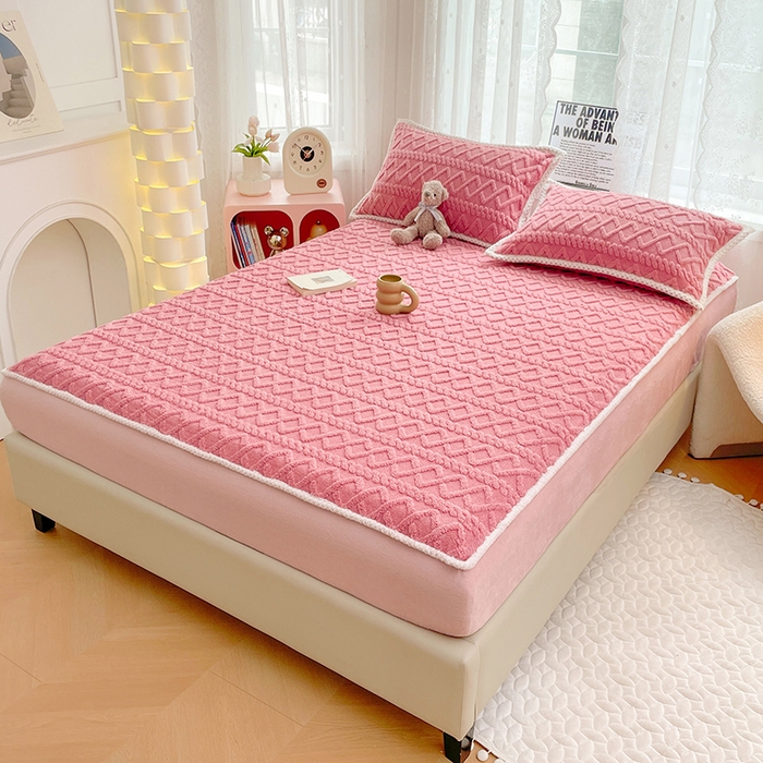 91家纺网 家纺一手货源 找家纺 梦舒羽 2025新款220克高克重塔芙绒床笠床垫保护套床单套床盖 温柔粉