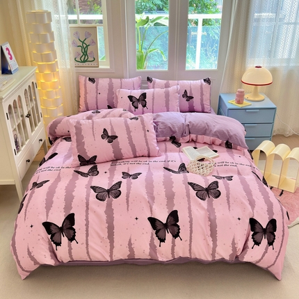 91家纺网 家纺一手货源 找家纺 花伞 2024新款印花招财蝴蝶亲肤水洗棉四件套 黑粉蝴蝶