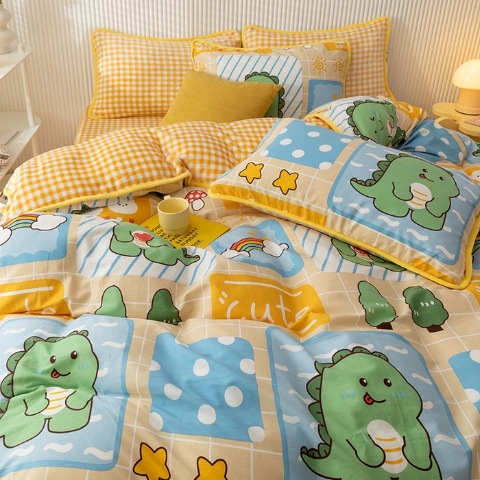 91家纺网 家纺一手货源 找家纺 红粉佳人 2025新款棉加绒印花四件套 萌萌小恐龙