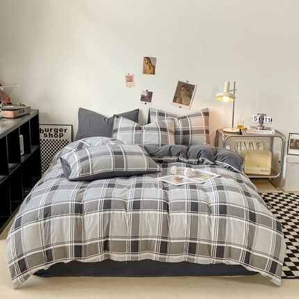 91家纺网 家纺一手货源 找家纺 悦织湾家纺 2025新款日式简约格子水洗棉四件套 绅士灰