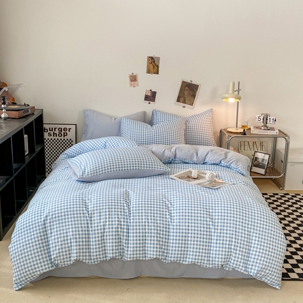 91家纺网 家纺一手货源 找家纺 （总）悦织湾家纺 2025新款日式简约格子水洗棉四件套
