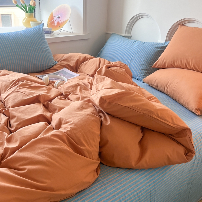 91家纺网 家纺一手货源 找家纺 千朵 2024新款ins风多巴胺撞色条纹全棉水洗棉四件套-可乐系列 可乐蓝