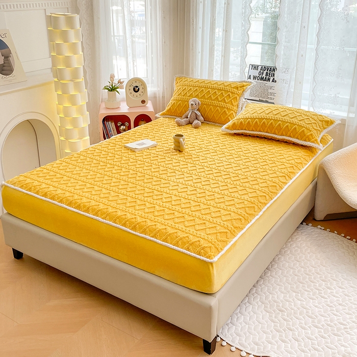 91家纺网 家纺一手货源 找家纺 梦舒羽 2025新款220克高克重塔芙绒床笠床垫保护套床单套床盖 柠檬黄