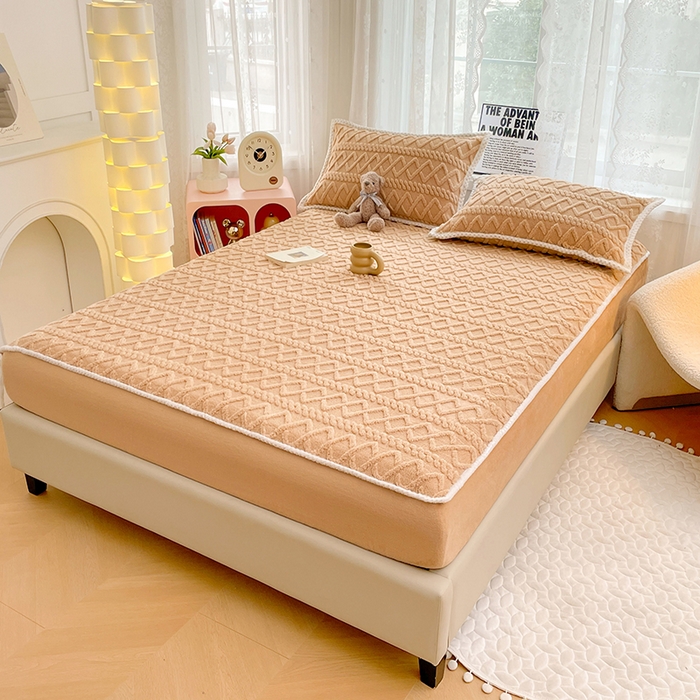 91家纺网 家纺一手货源 找家纺 梦舒羽 2025新款220克高克重塔芙绒床笠床垫保护套床单套床盖 优雅咖