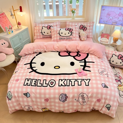2024新品正版三丽鸥授权大版卡通平网数码印花加厚高克重牛奶绒系列四件套 绒大版-R粉格香香kitty