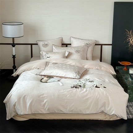 西西家居 2024新款高定国风新中式提花四件套-抱竹熊猫（送含芯抱枕） 抱竹熊猫-米色