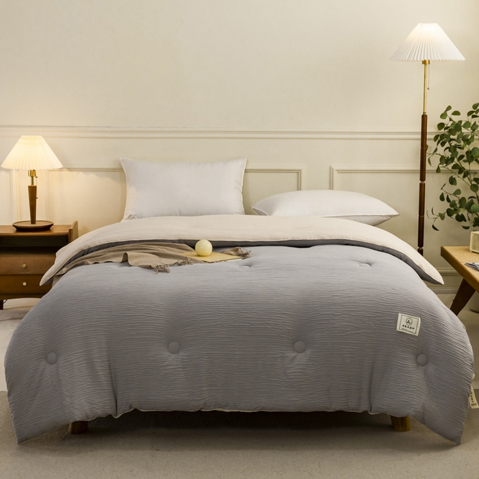 91家纺网 家纺一手货源 找家纺 欧雅搁家纺 直播爆款A类双层皱皱纱保暖抗菌大豆被冬被春秋被芯空调被子  有氧双层纱-暖灰拼卡其