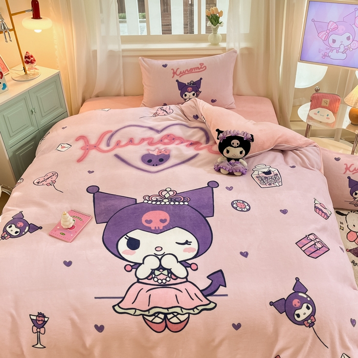 91家纺网 家纺一手货源 找家纺 2024新品正版三丽鸥授权大版卡通平网数码印花加厚高克重牛奶绒系列四件套 绒大版-R气球公主库洛米