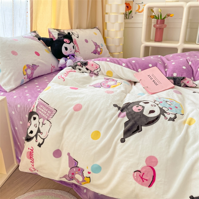 91家纺网 家纺一手货源 找家纺 2024新款三丽鸥牛奶绒小版四件套 甜圈库洛米