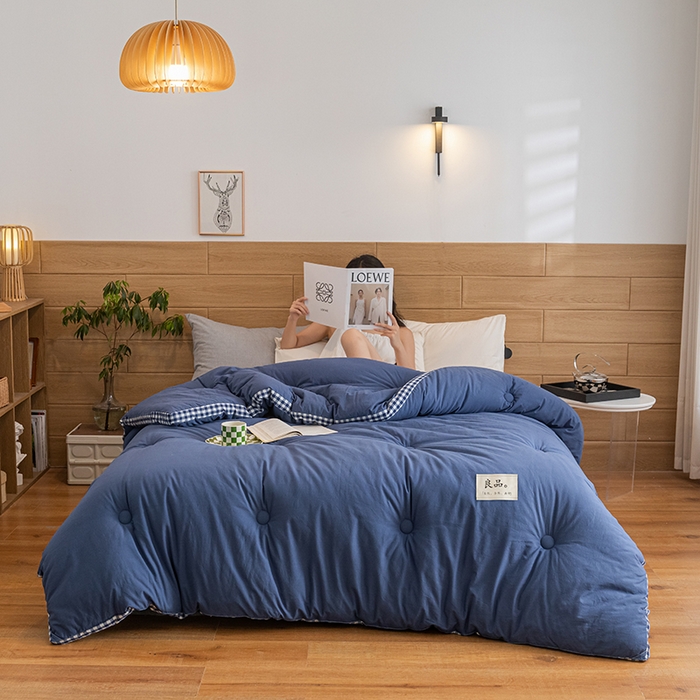 91家纺网 家纺一手货源 找家纺 2024新款无印风棋盘格立体边大豆纤维冬被 风格一 棋盘格-牛仔蓝
