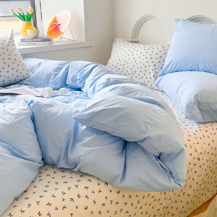 91家纺网 家纺一手货源 找家纺 千朵 2024新款全棉水洗棉混搭双拼四件套 瑾蓝