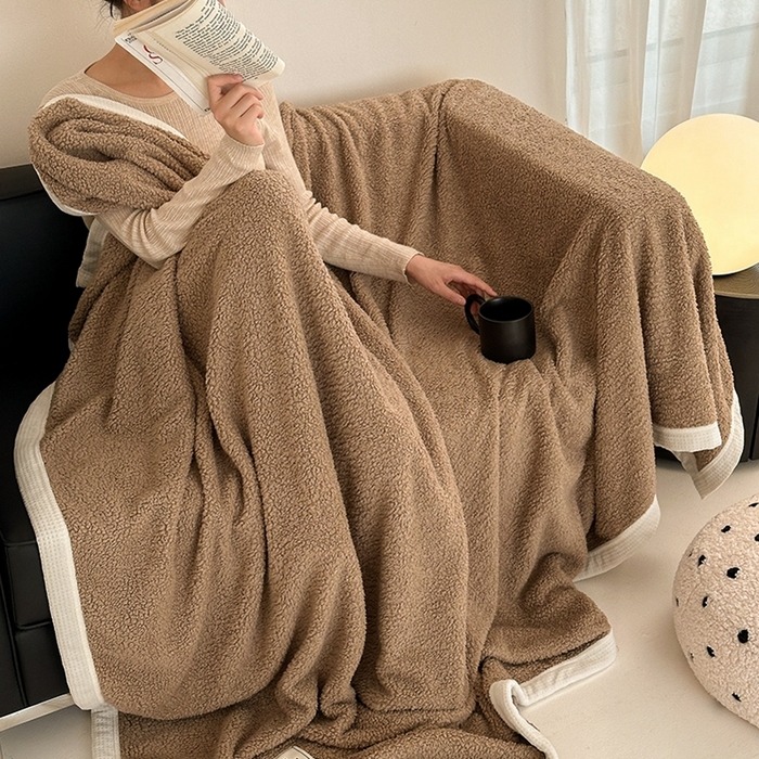 91家纺网 家纺一手货源 找家纺 沐棉 2024新款羊羔绒泰迪绒毛毯 简约咖