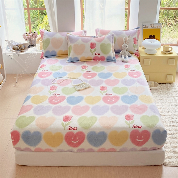 91家纺网 家纺一手货源 找家纺 凯儿家纺  2024新款加厚高克重印花系列单床笠 七彩爱心