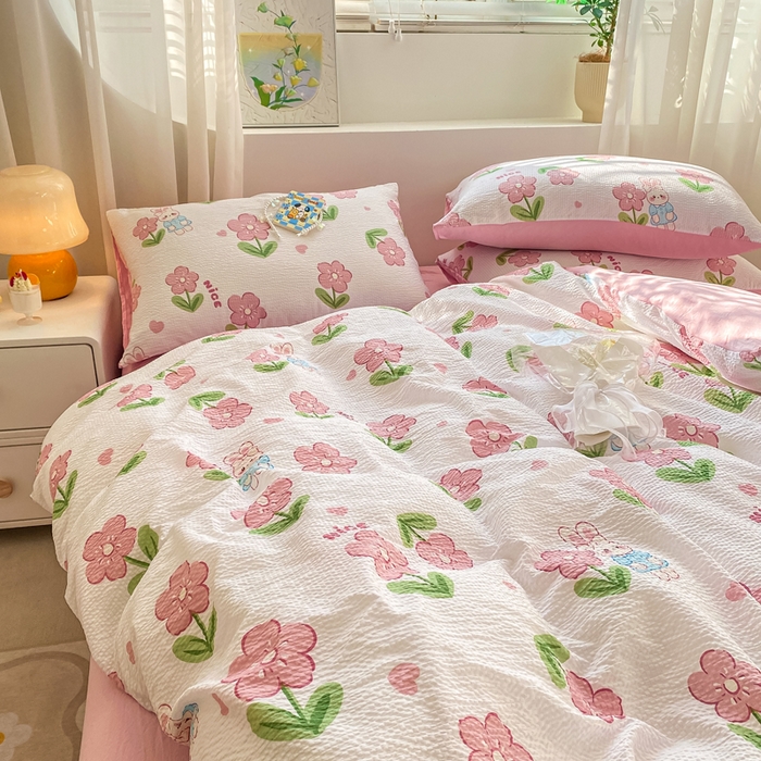 91家纺网 家纺一手货源 找家纺 悦织湾家纺 2025新款轻奢北欧风小清新印花水洗棉四件套 花小兔