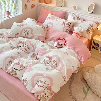 2024新款200g加厚防静电牛奶绒小清新四件套 绒-木偶熊