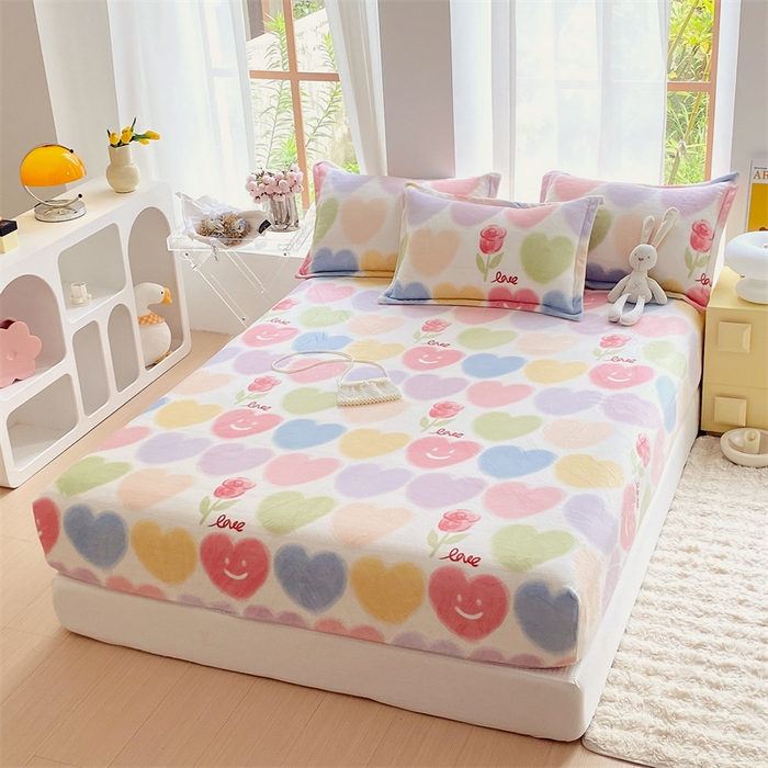 91家纺网 家纺一手货源 找家纺 凯儿家纺  2024新款加厚高克重印花系列单床笠 七彩爱心