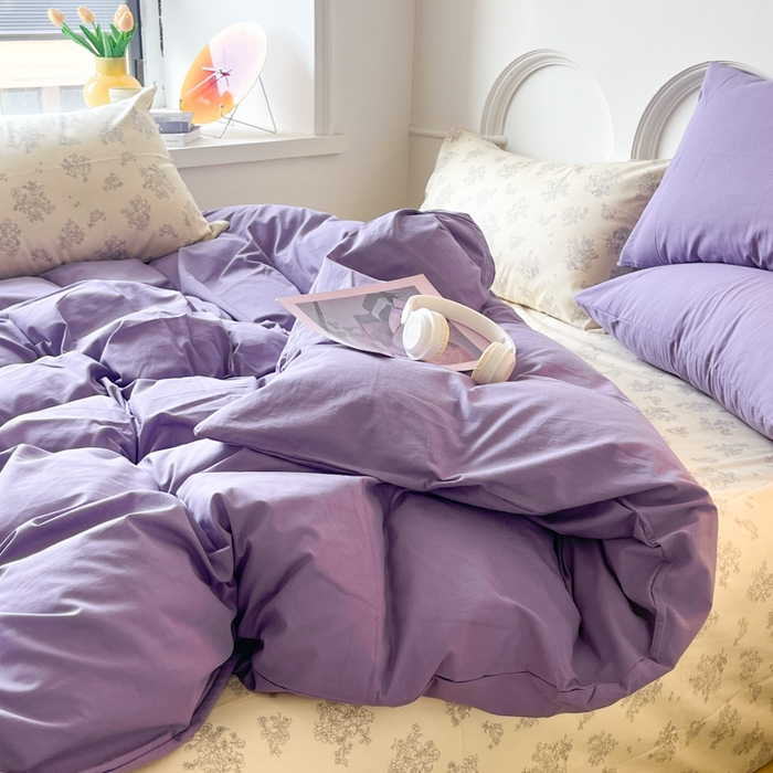 91家纺网 家纺一手货源 找家纺 千朵 2024新款全棉水洗棉混搭双拼四件套 妍语紫