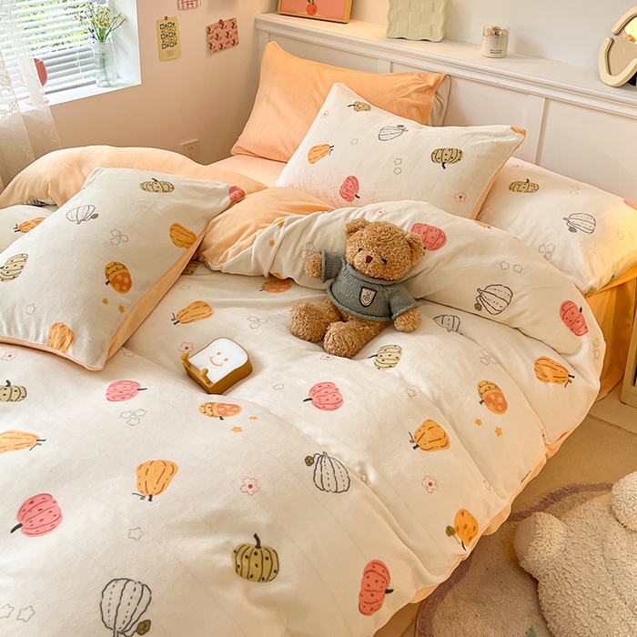 91家纺网 家纺一手货源 找家纺 2024新款200g加厚防静电牛奶绒小清新四件套 绒-炫彩南瓜